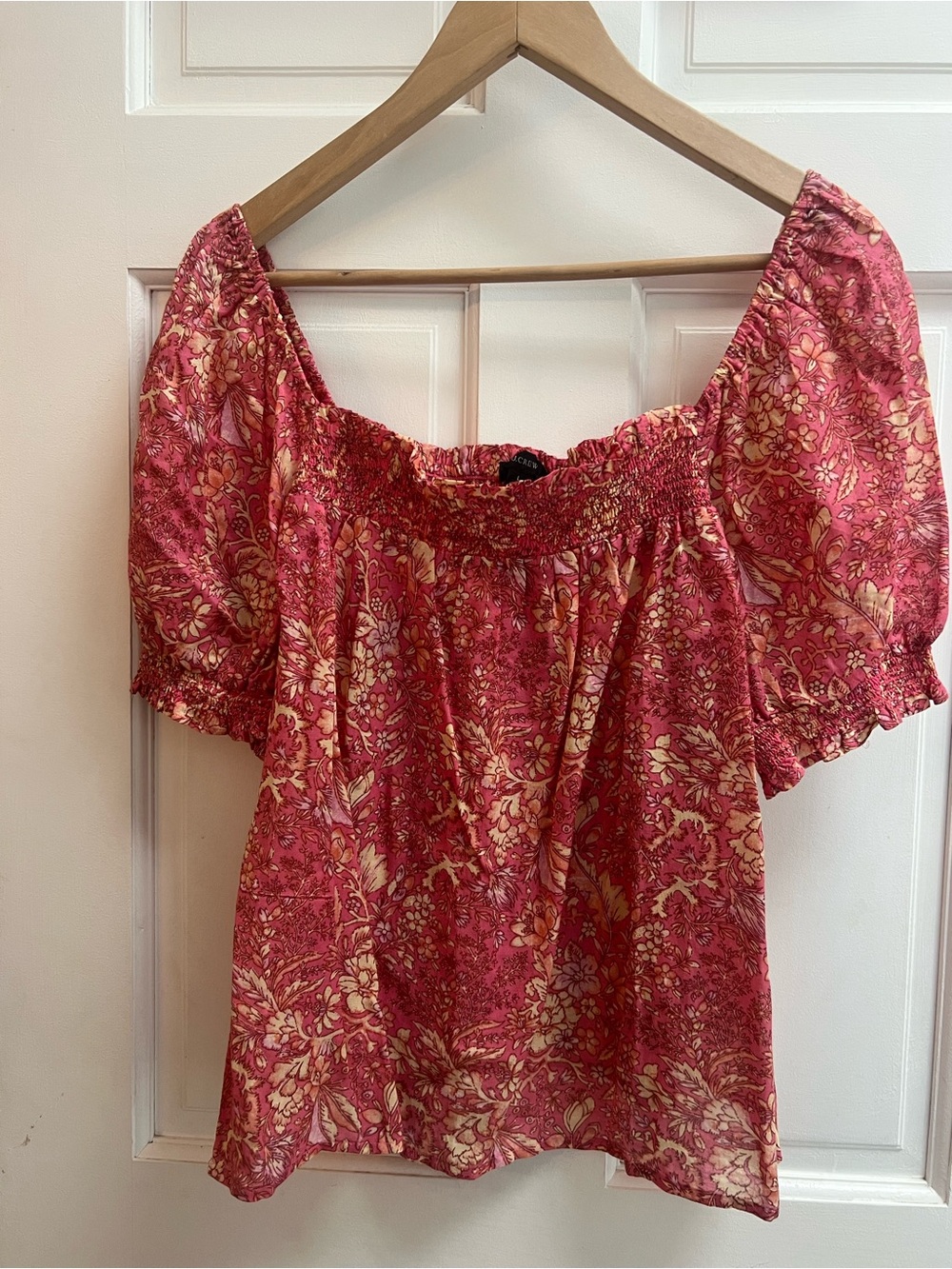 J Crew Floral Smocked Puff Sleeve Top in Pink